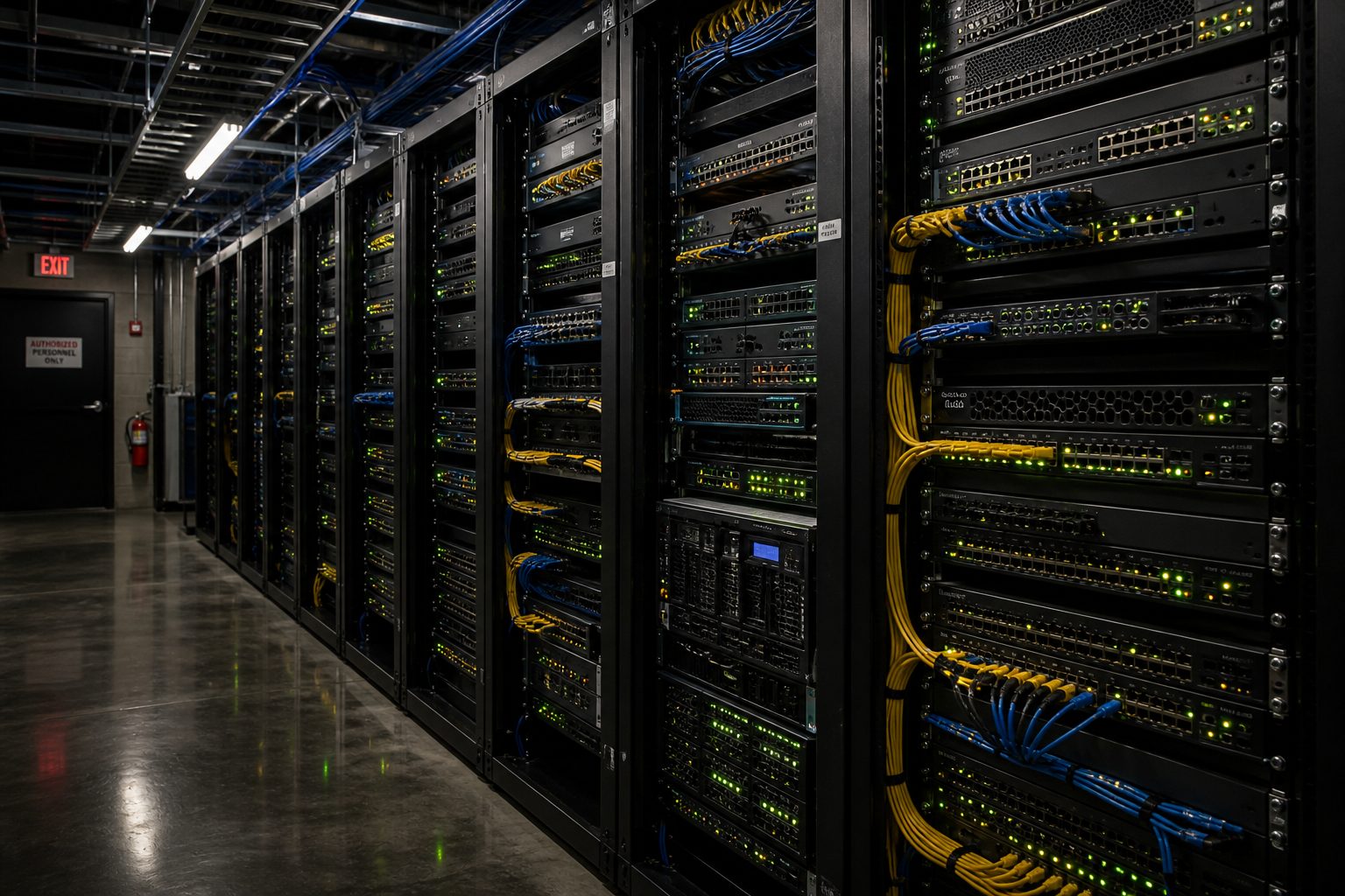 Rows of black network equipment with blinking lights inside a dim telecommunications facility.
