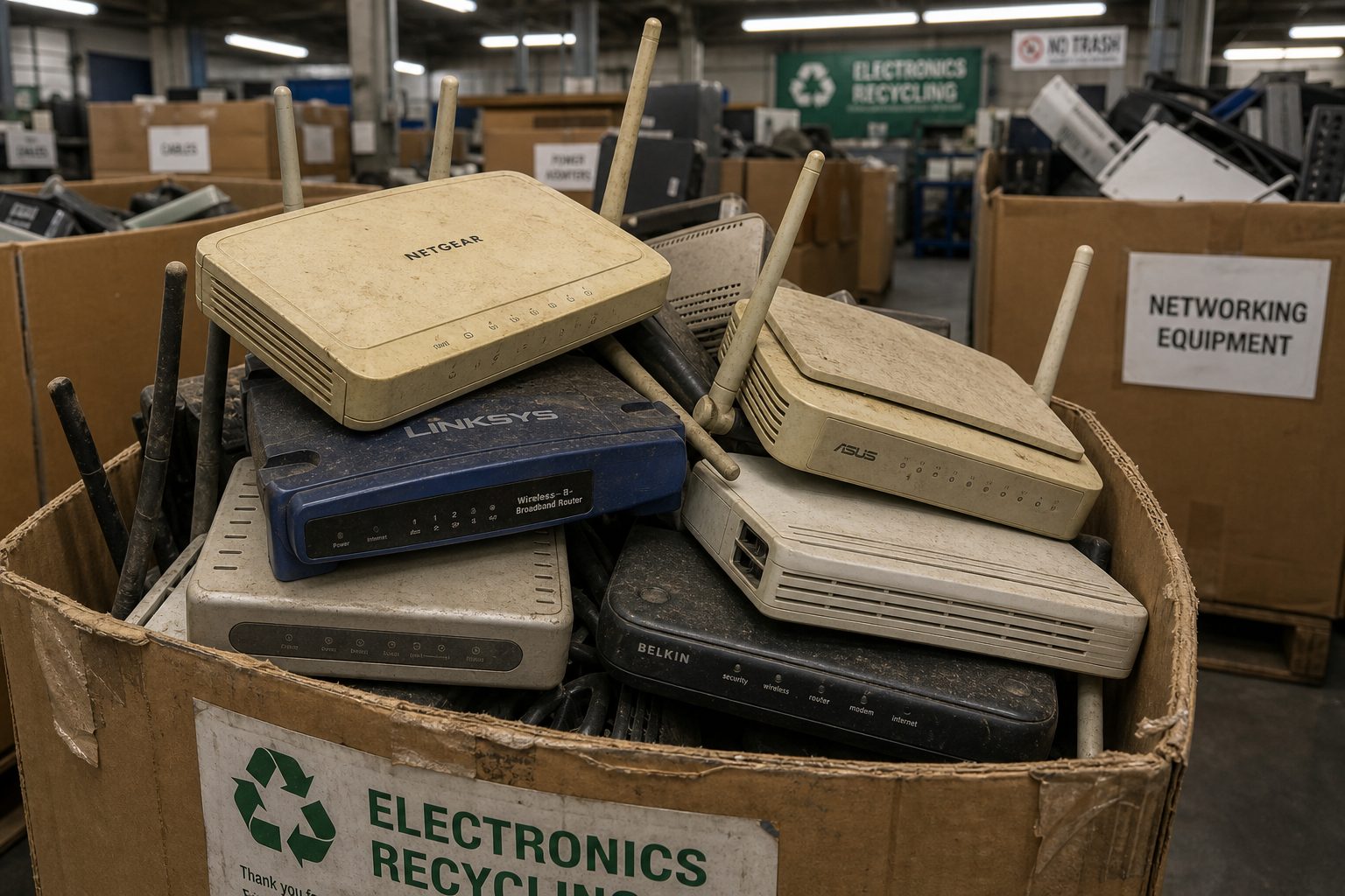 A pile of dusty outdated wireless routers stacked in a cardboard box at a recycling center.