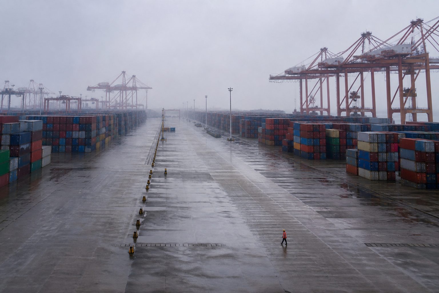 An empty container port at dawn with stacked containers and idle cranes in fog.