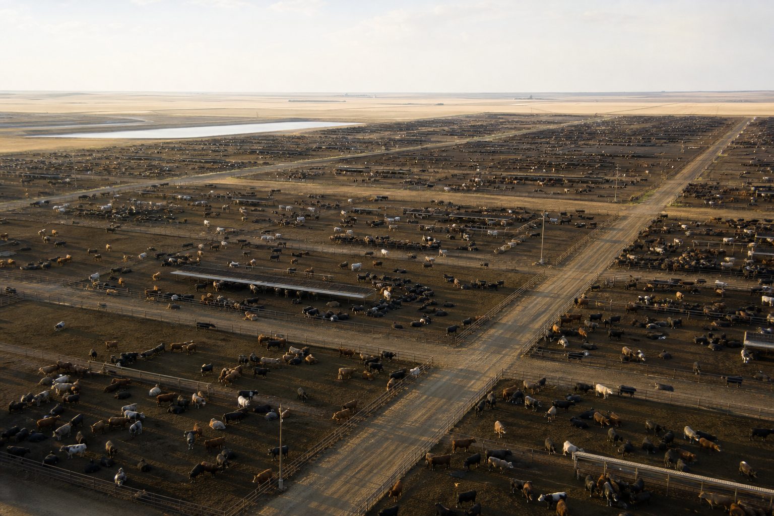 Aerial view of a sprawling cattle feedlot with hundreds of cattle in dusty pens.