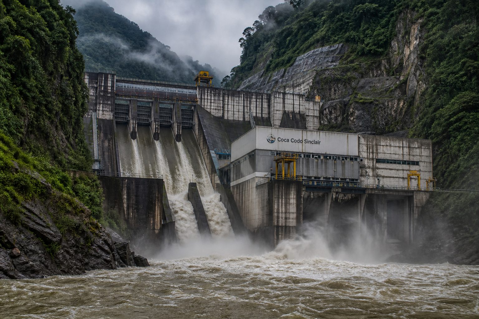 Massive hydroelectric dam in a lush tropical river gorge in Ecuador