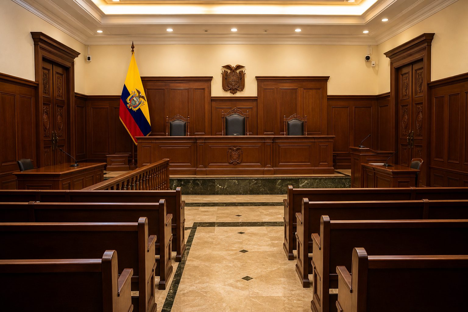 Empty formal courtroom interior with wood judicial benches and a flag