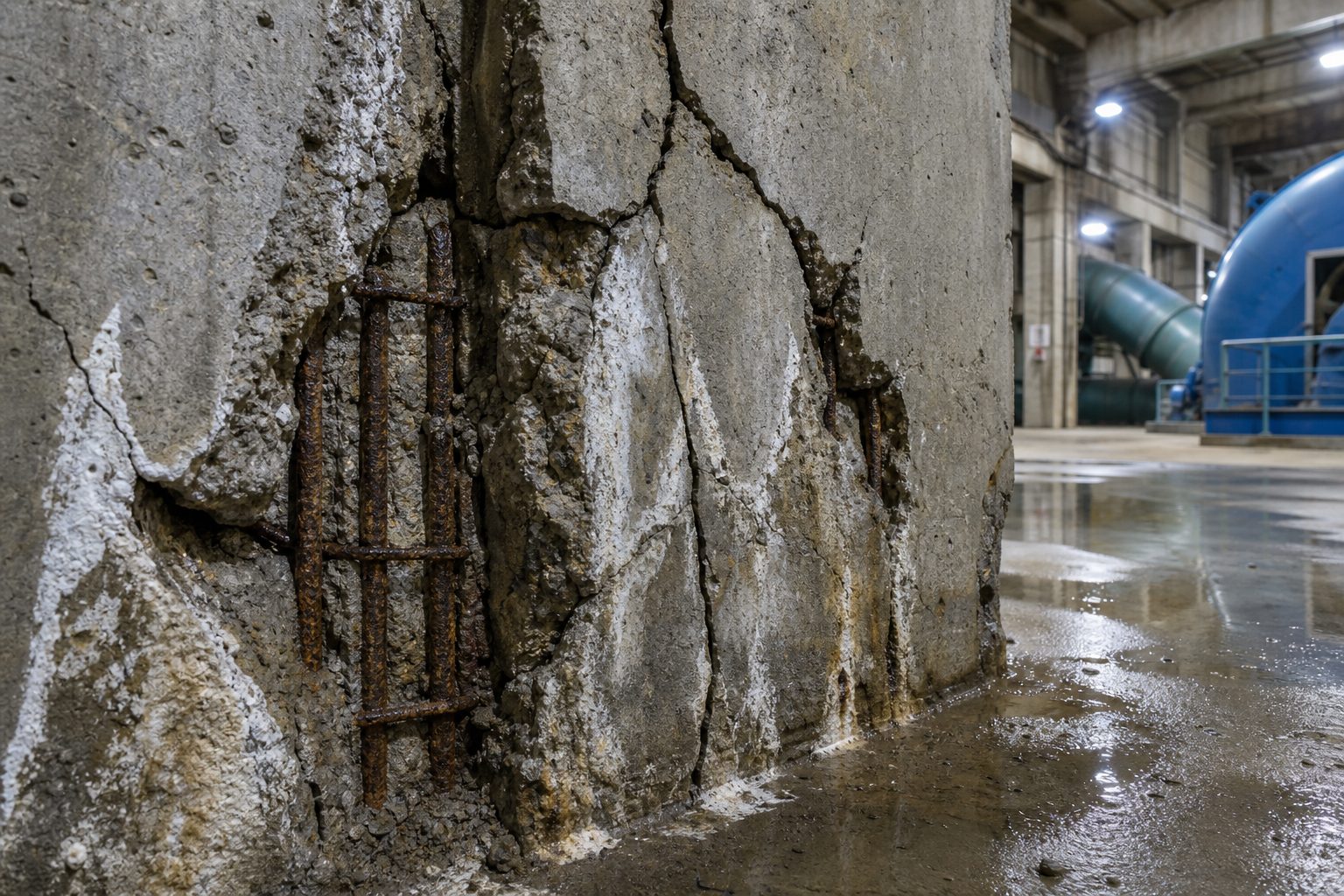 Cracked concrete wall with exposed rusted rebar in a dam powerhouse