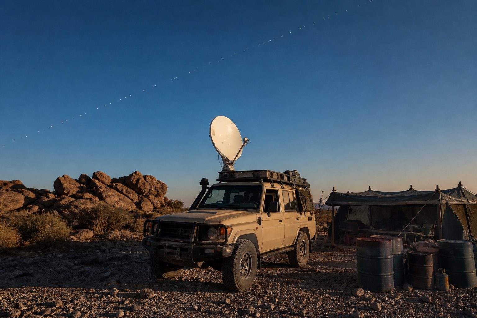 White satellite dish mounted on a 4x4 vehicle in arid rocky terrain at dusk.