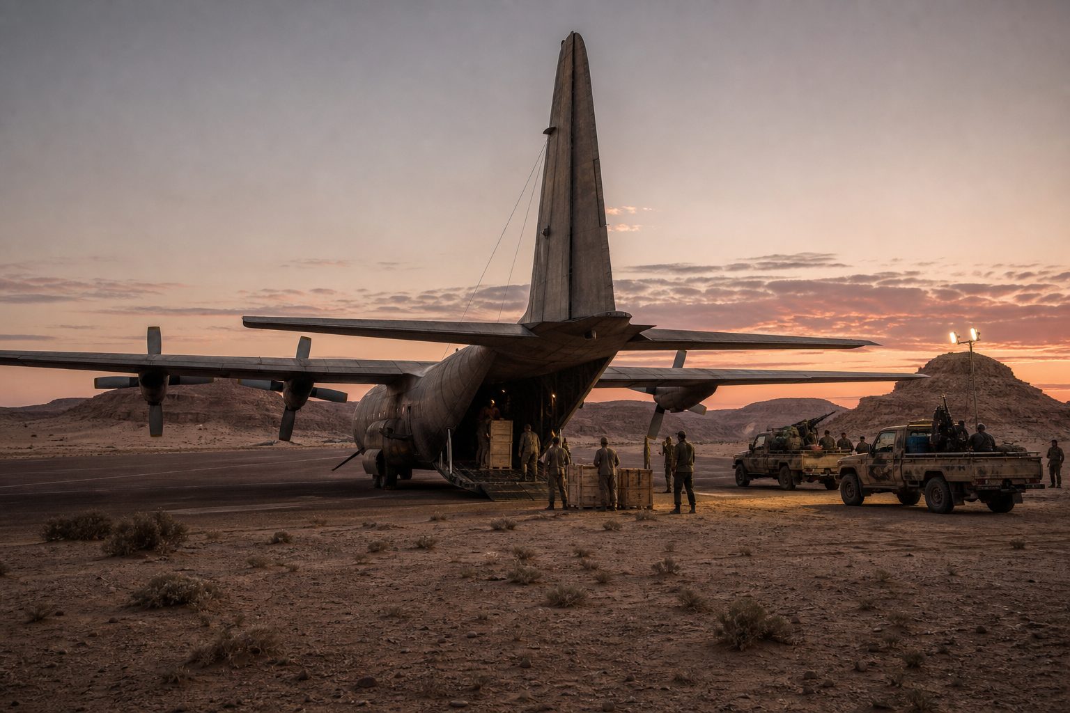 Cargo plane being loaded with crates on a remote desert airstrip in Libya at dusk.