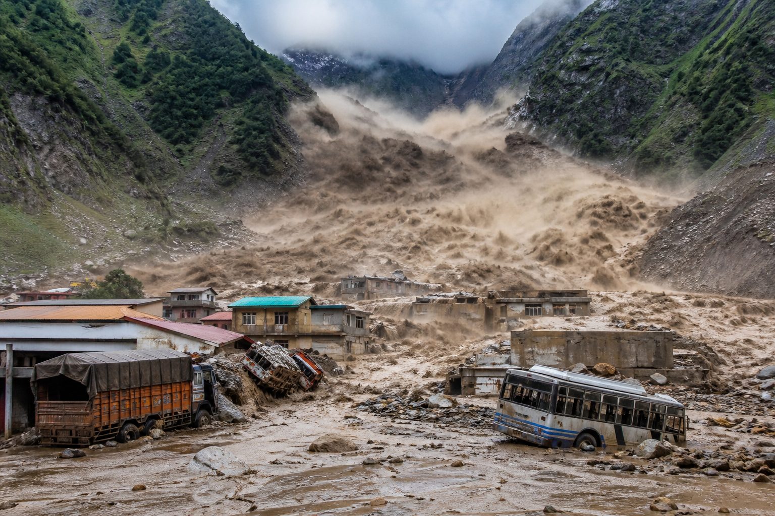 A massive wall of muddy debris surges through a Himalayan border valley, destroying vehicles and buildings.