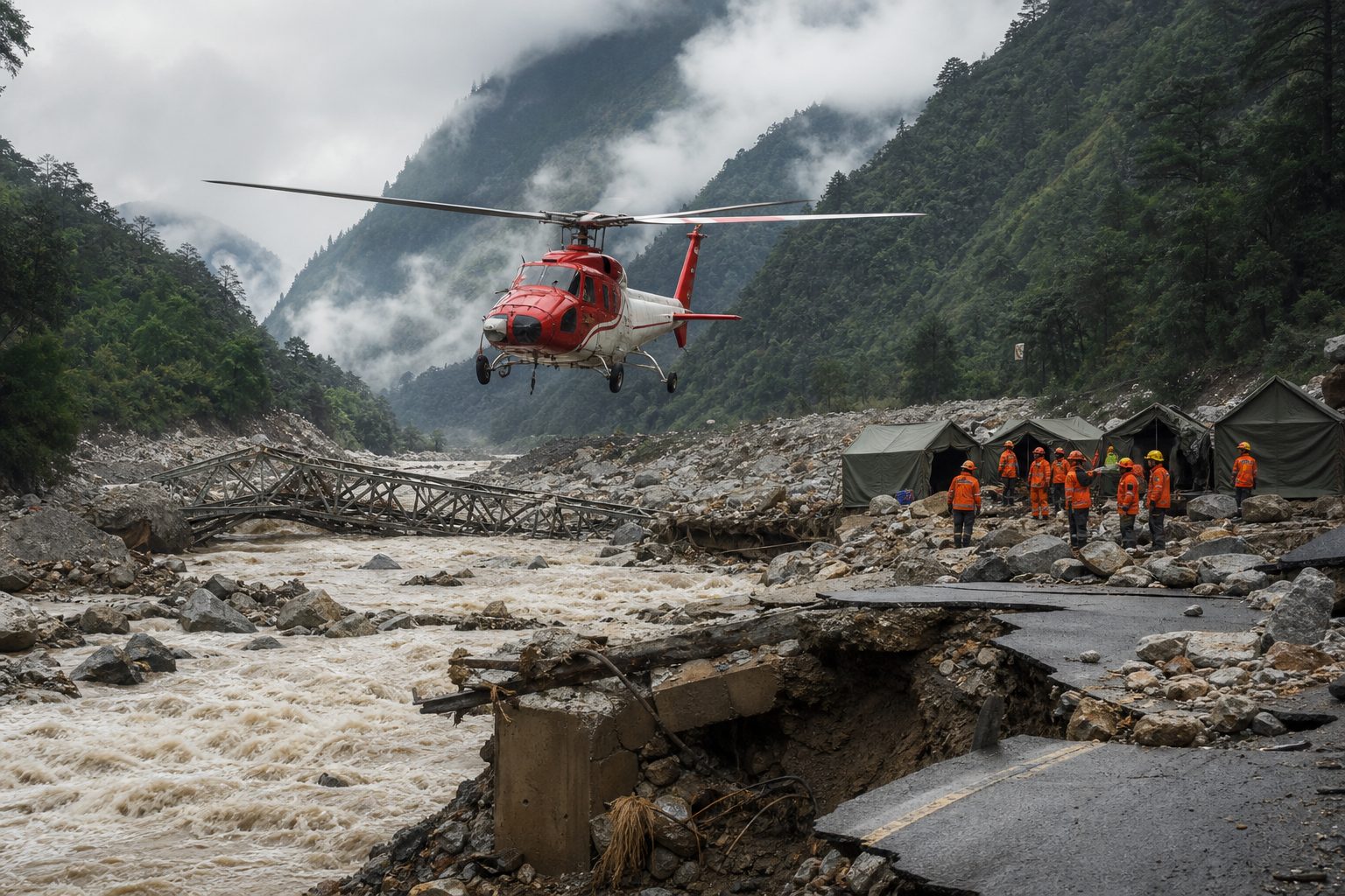 A rescue helicopter hovers over a debris-covered valley with broken roads and emergency tents.