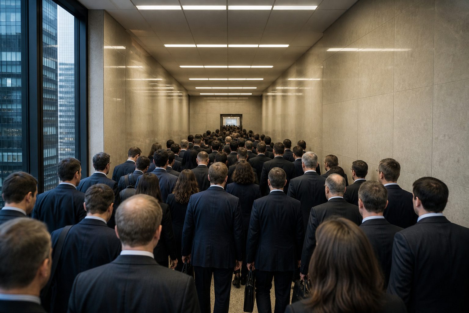 Crowd of suited businesspeople crowding through a single narrow doorway at the end of a long office corridor.