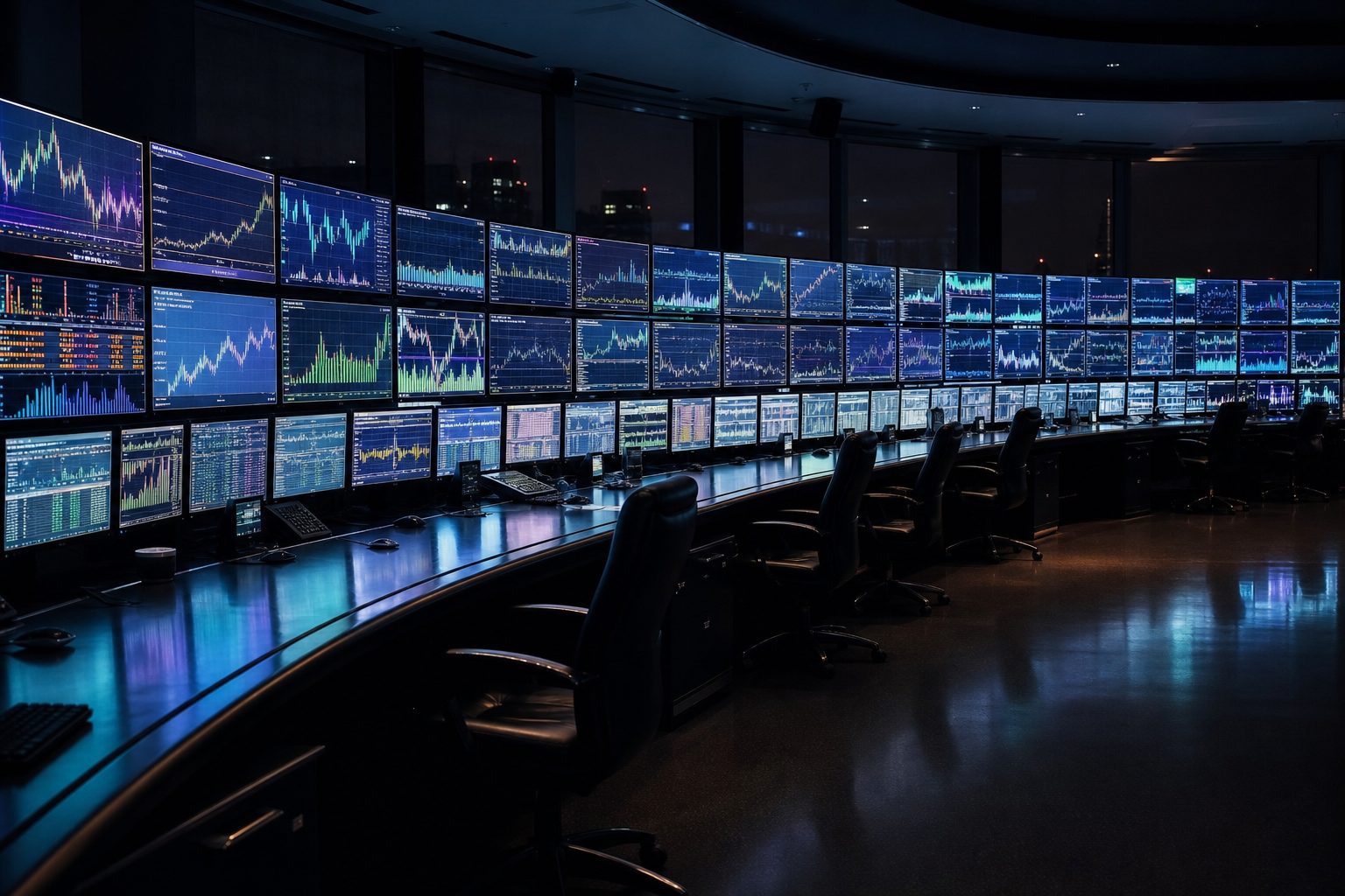 Row of glowing trading monitors on an empty darkened trading floor, screens reflecting onto abandoned desks.