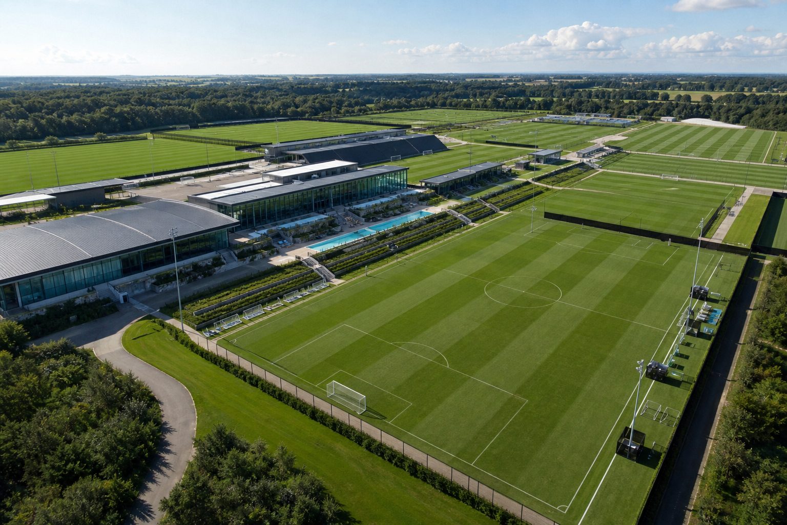An aerial view of a vast football training complex with pristine pitches and modern glass academy buildings under bright daylight.