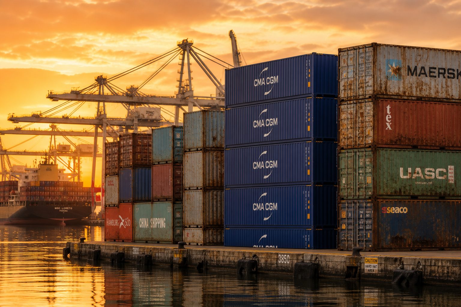 Stacked shipping containers at a commercial port at golden hour, some new and others weathered.
