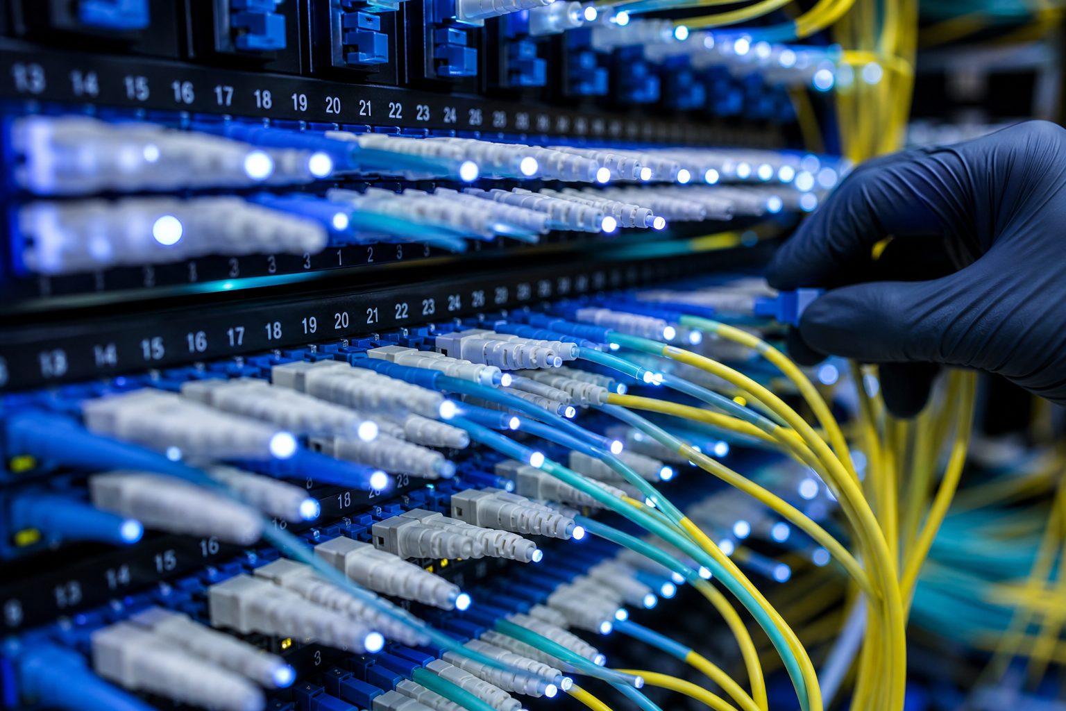 Close-up of a fiber optic patch panel with dozens of glowing blue connectors and bundled cables.