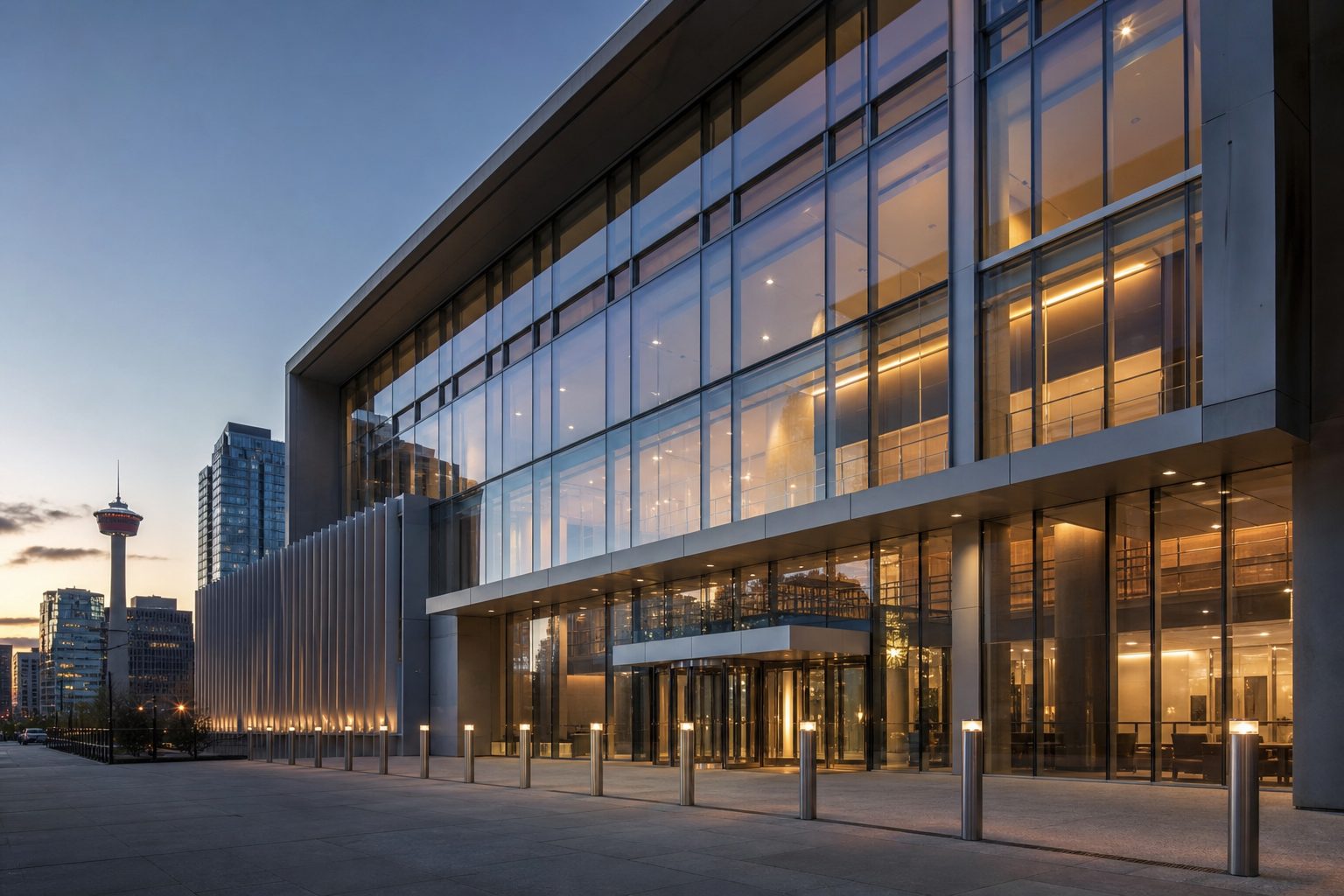 Modern glass bank building exterior at dusk in an urban Canadian setting.
