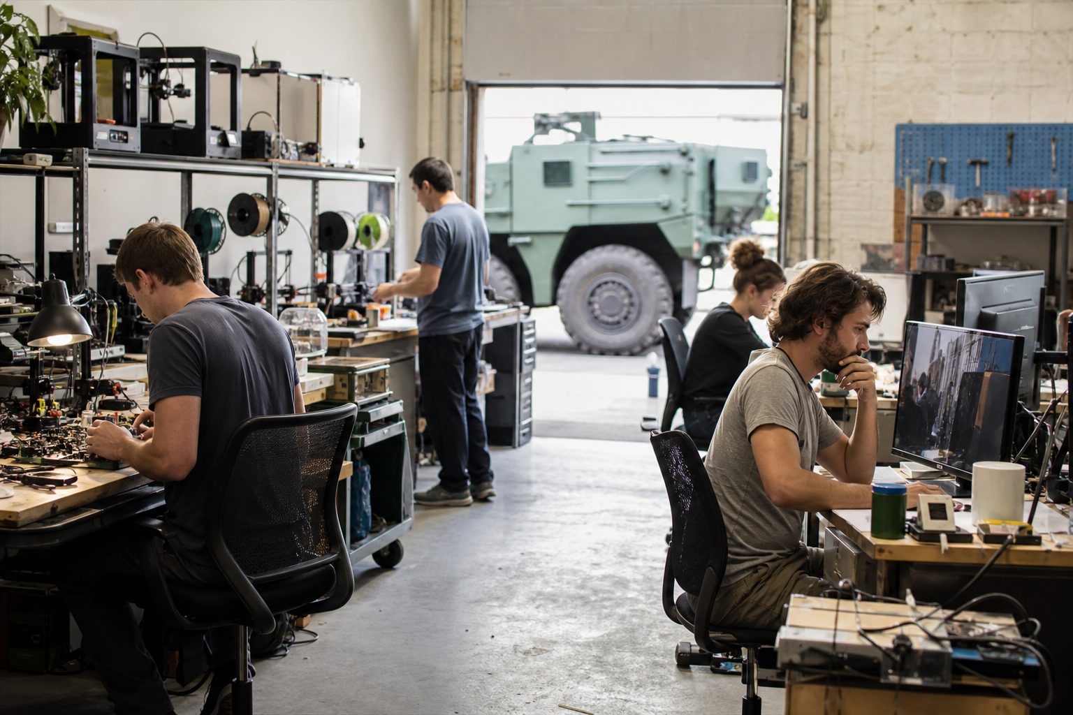 Tech startup workshop with circuit boards beside a military vehicle.