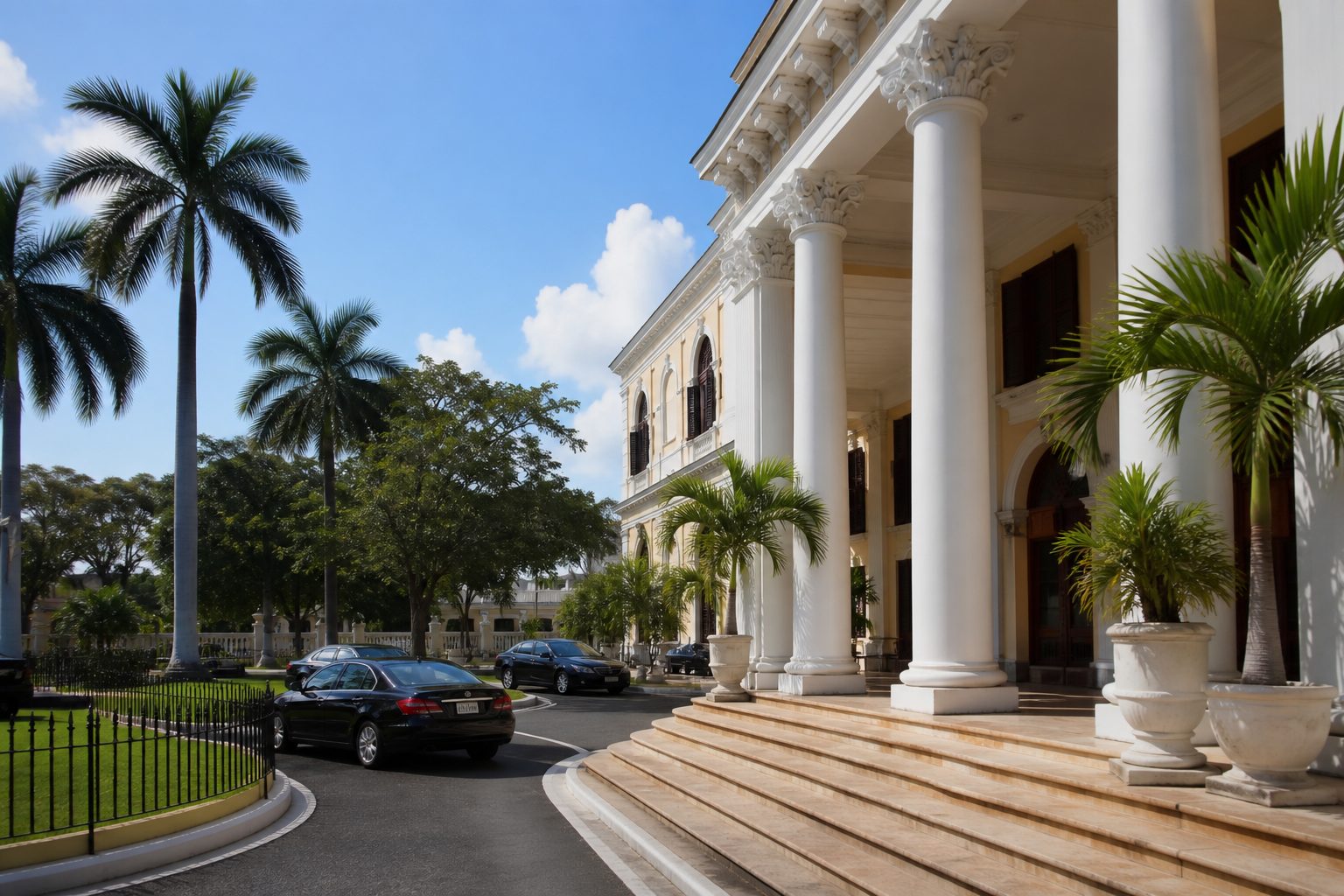Colonial-style government building with white columns, palm trees, and official cars in the drive.