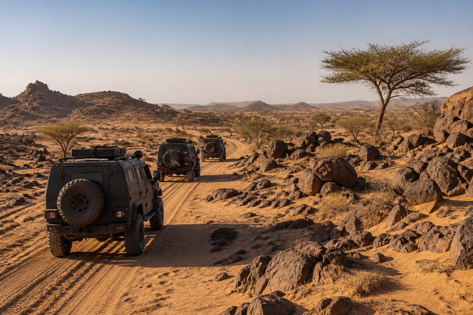 Unmarked military convoy on a rutted desert dirt road through sparse Sahel scrubland.