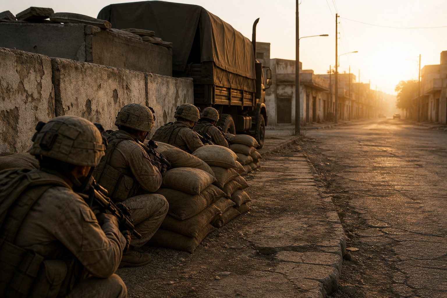Soldiers in desert camouflage taking cover behind sandbags beside a military truck at dawn.