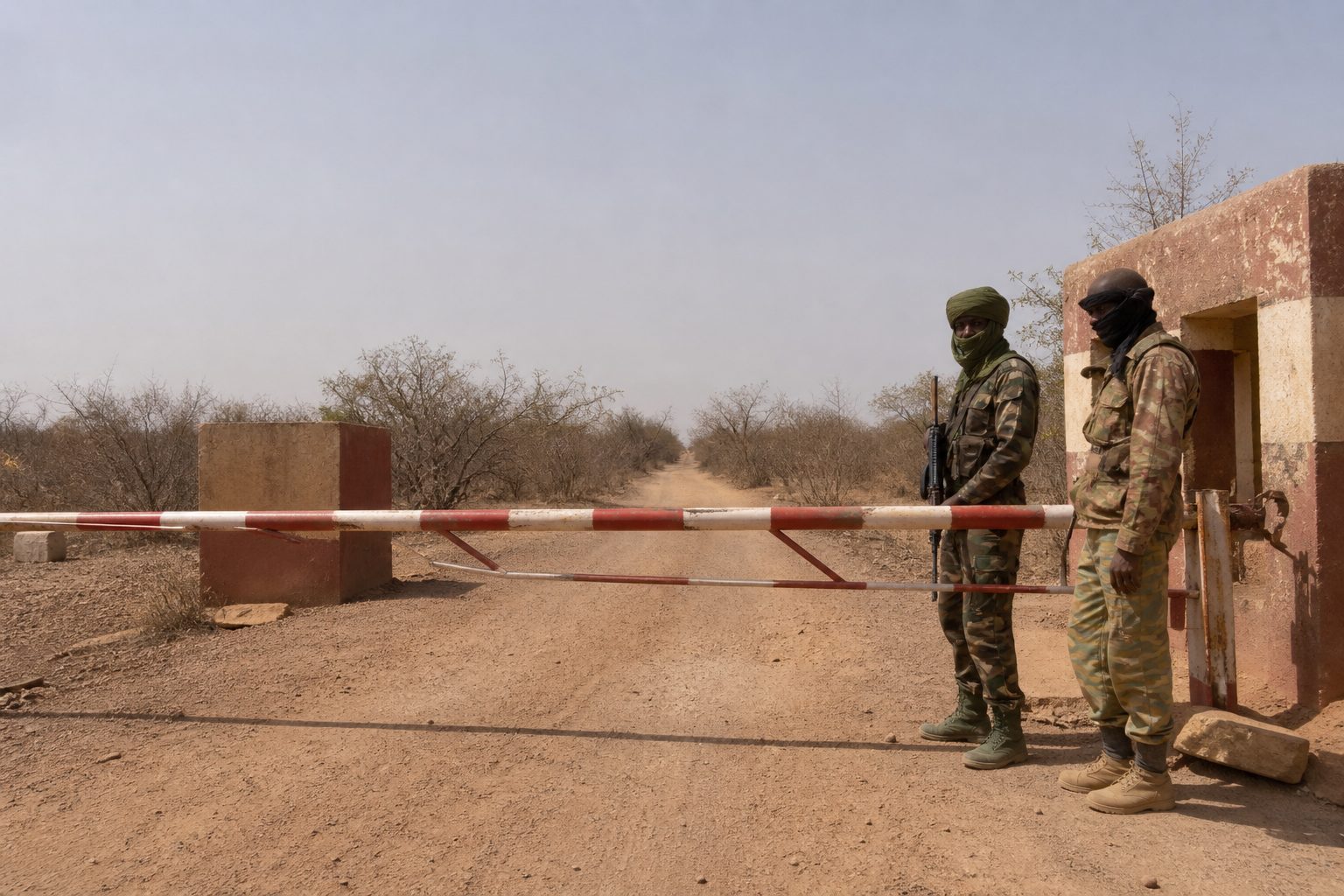 Dusty Sahel border checkpoint with a barrier gate and soldiers beside a guard post.