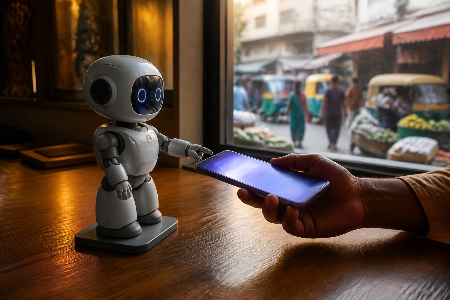 Small AI robot figurine on a desk next to a glowing smartphone, Indian market visible through a window.