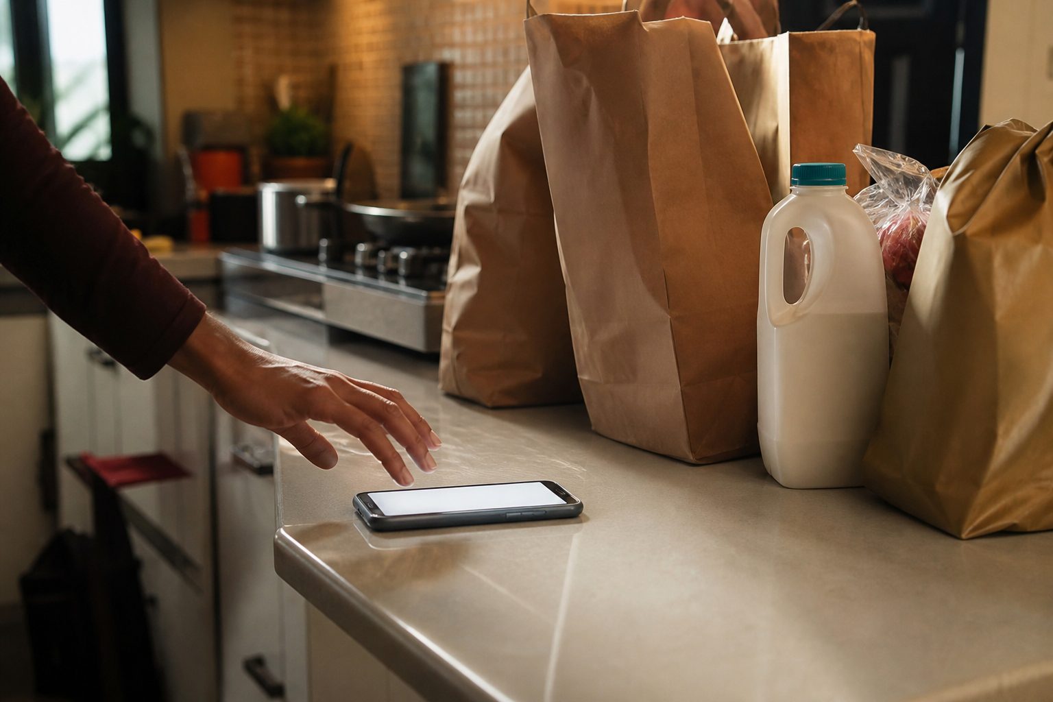Hand hovering over a glowing smartphone on a kitchen counter beside grocery bags, an unexpected purchase.