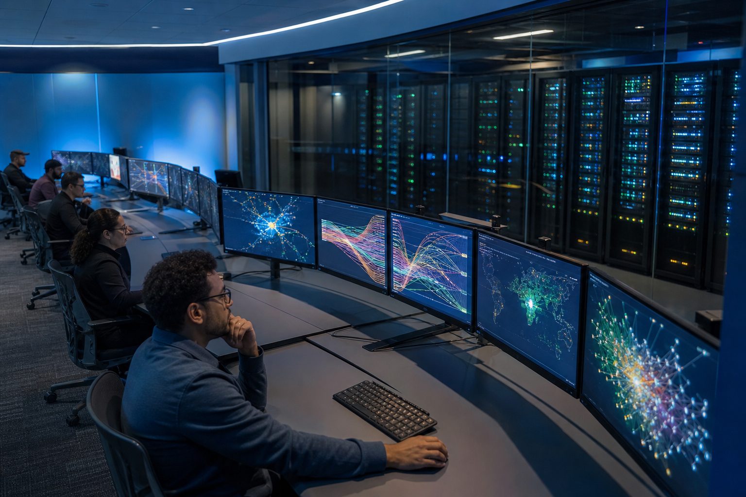 Operations control room with rows of curved monitors showing transaction flow visualizations and technicians at desks.