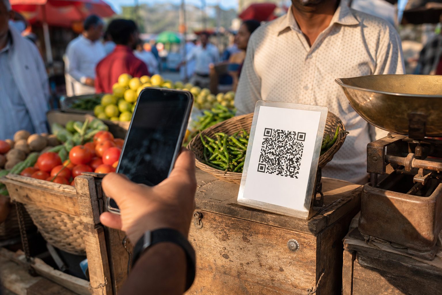 Hand holding a smartphone scanning a QR code at an Indian street vendor stall with produce baskets.