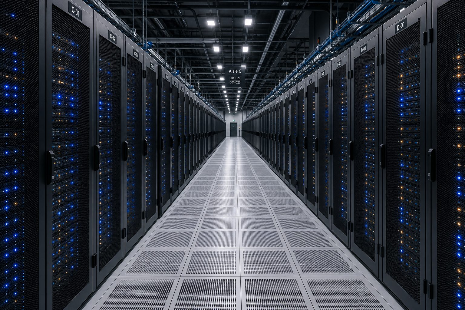 Rows of identical black server racks stretching into the distance inside a large climate-controlled data center.