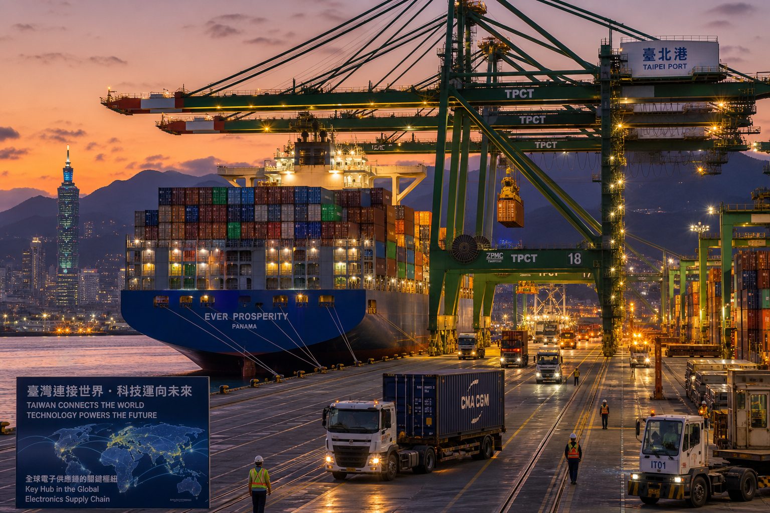 Gantry cranes transferring containers between a cargo ship and dock at a Taiwanese port at twilight.