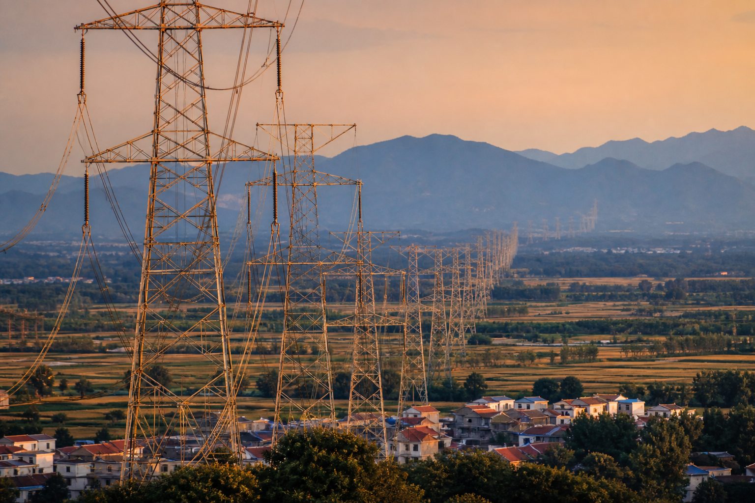 High-voltage transmission pylons marching across a Chinese rural plain toward distant mountains.