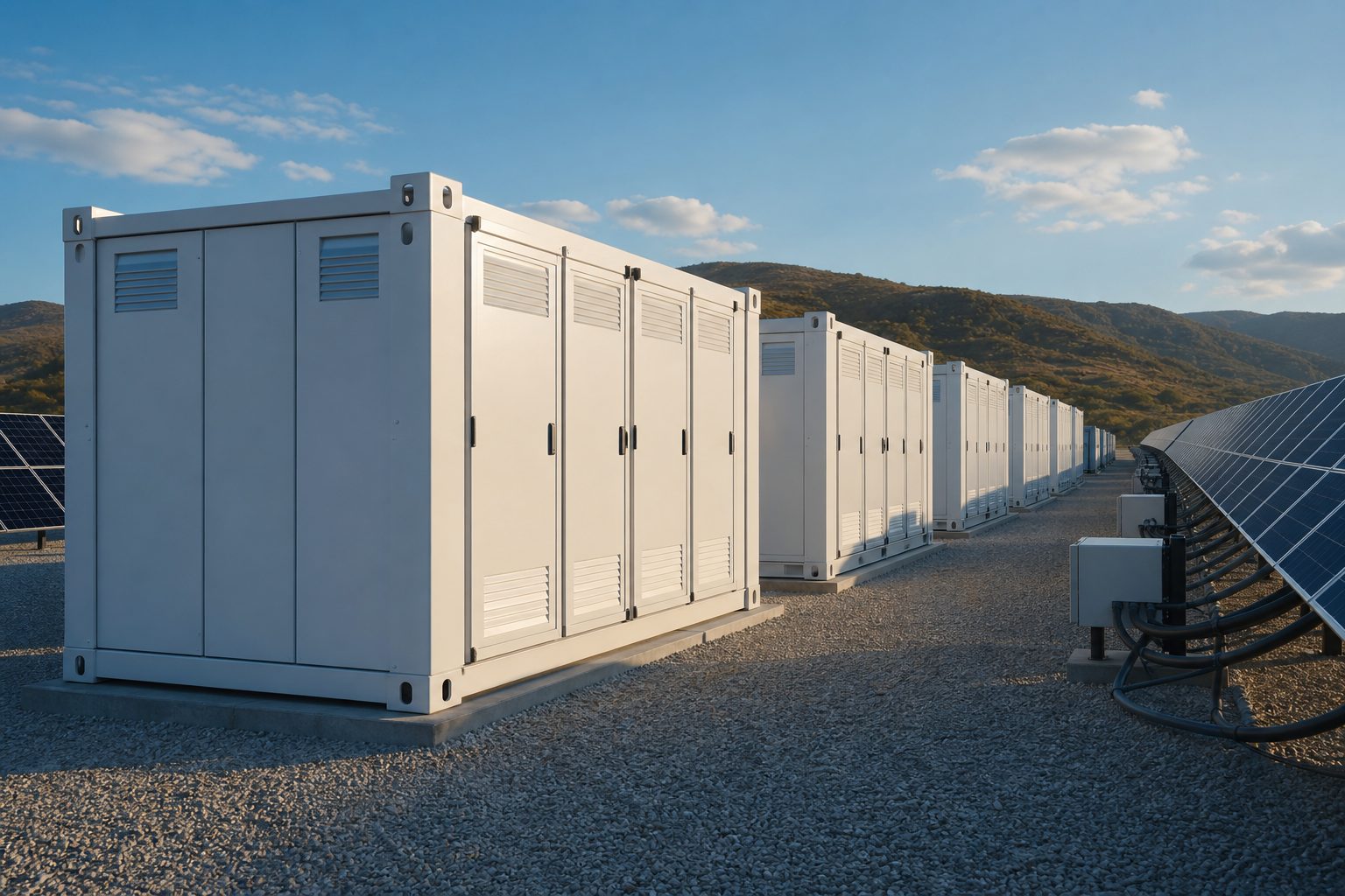 White industrial battery storage containers lined up next to a solar panel field at dusk.