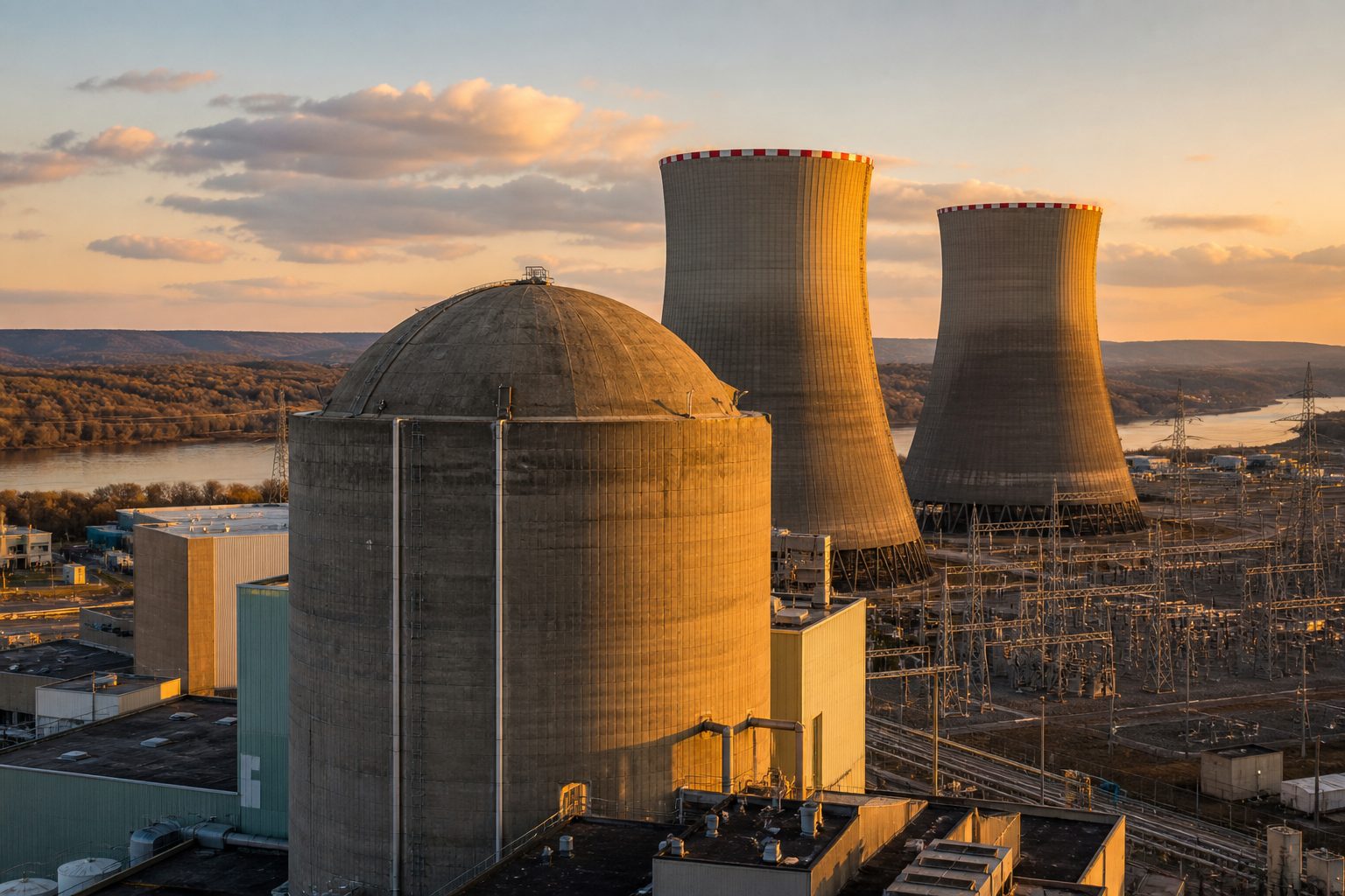 Three Mile Island Unit 1 nuclear containment building and cooling towers with switchyard and transmission lines at golden hour.