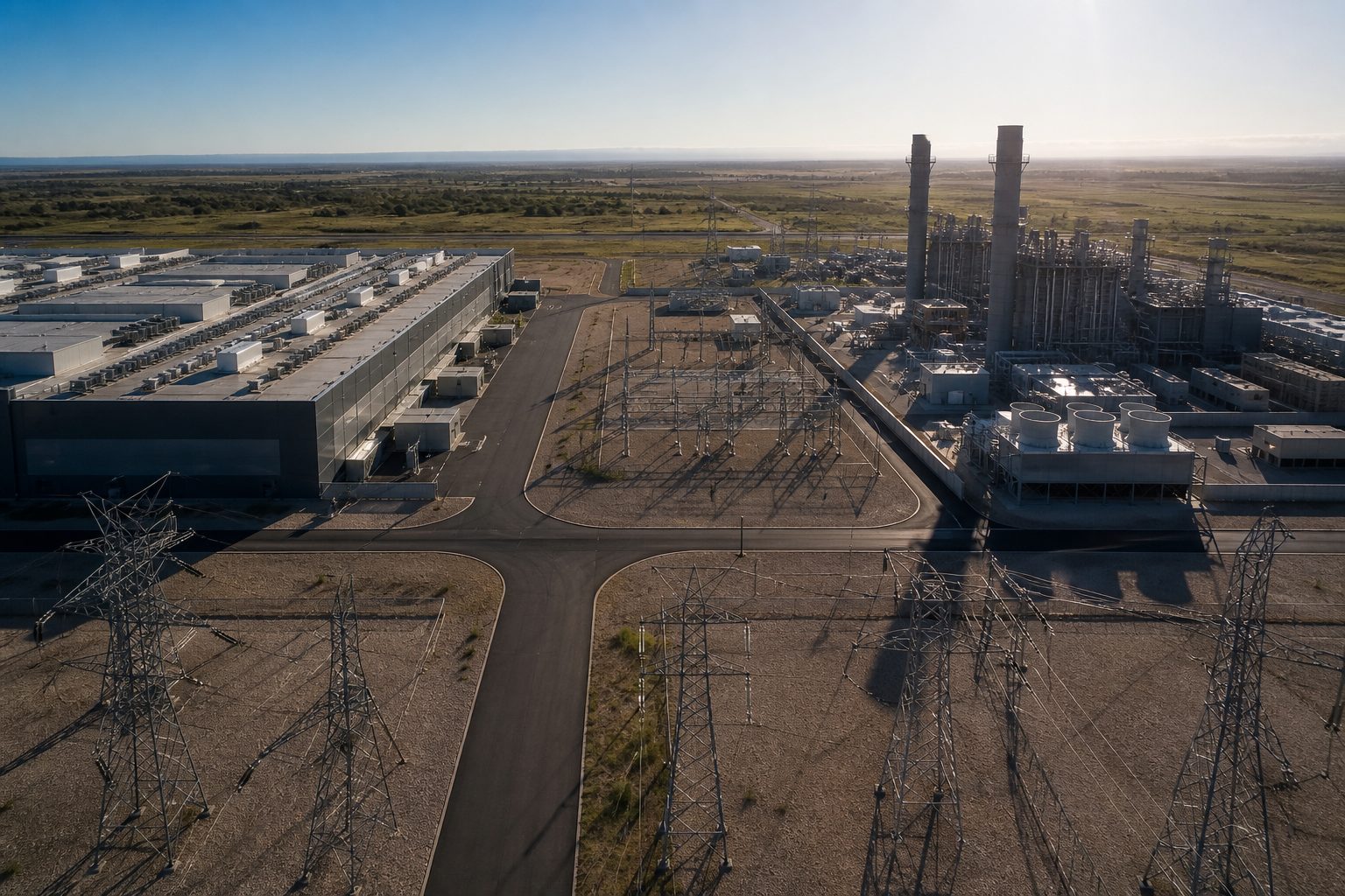 A data center co-located next to power infrastructure with transmission lines connecting them.