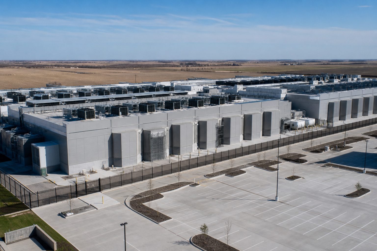 Hyperscale data center exterior with rooftop cooling equipment under a clear blue sky.