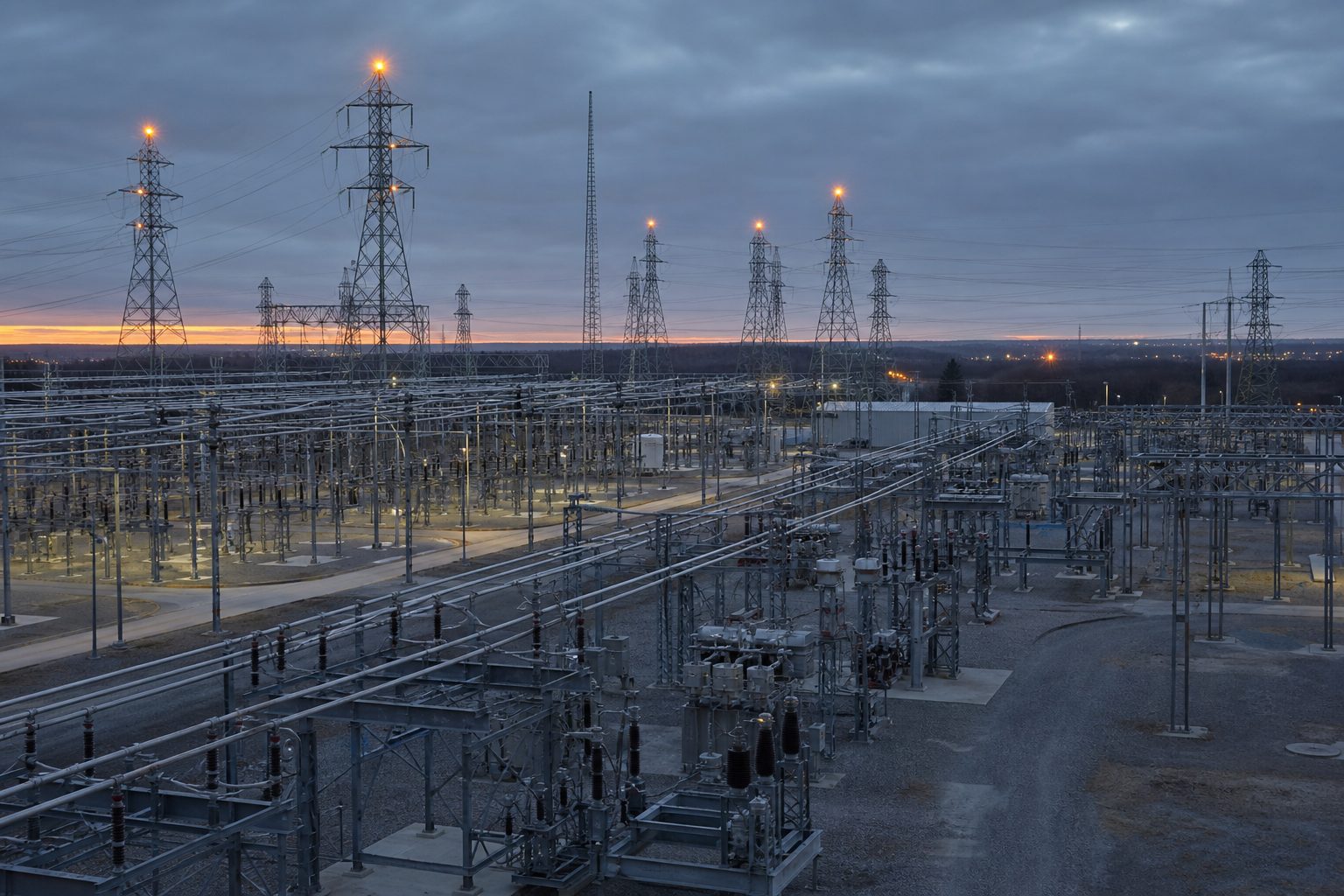 Large high-voltage transmission substation with switchgear and lattice towers at dusk.