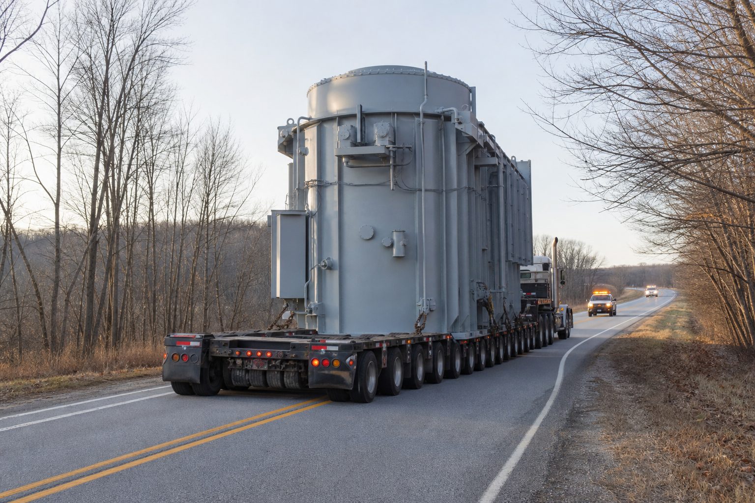 A giant power transformer being hauled on a heavy-duty trailer down a rural road at dawn.