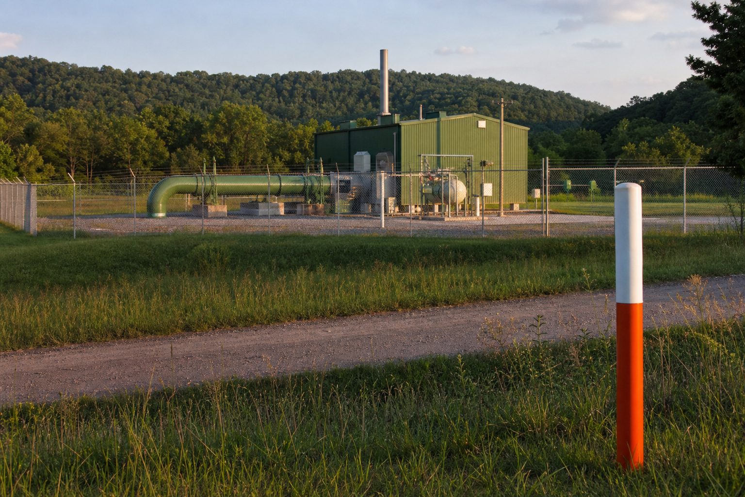 A natural gas compressor station in the rolling Appalachian hills of rural Ohio.