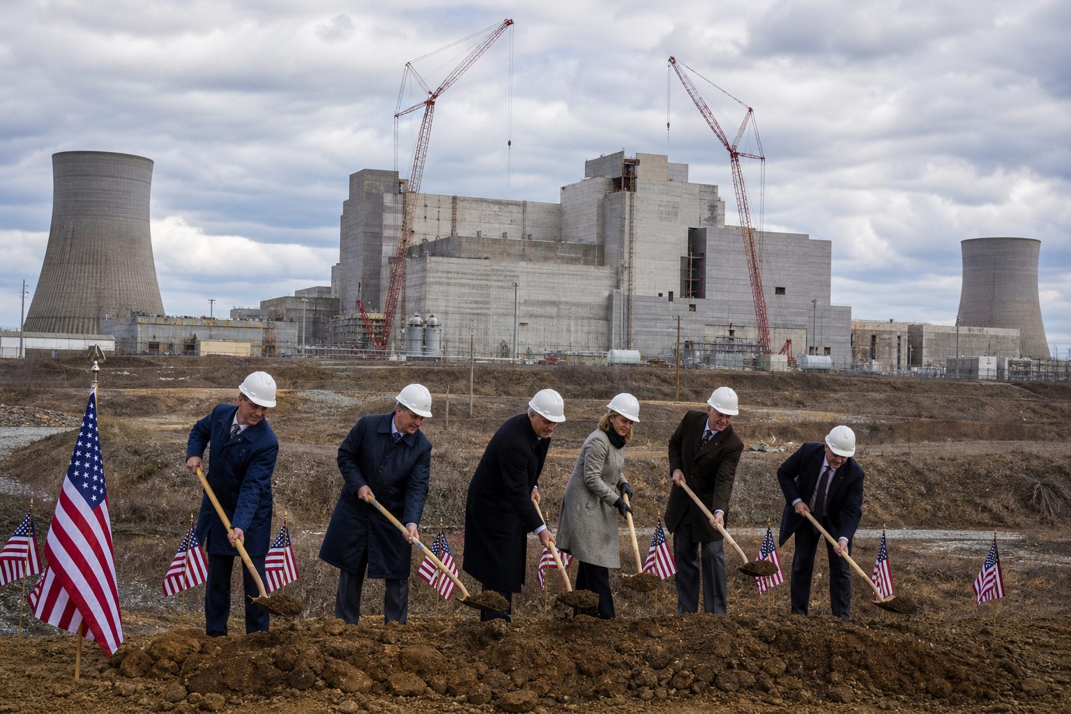 Ceremonial groundbreaking at a decommissioned uranium enrichment plant in rural Ohio with construction equipment.