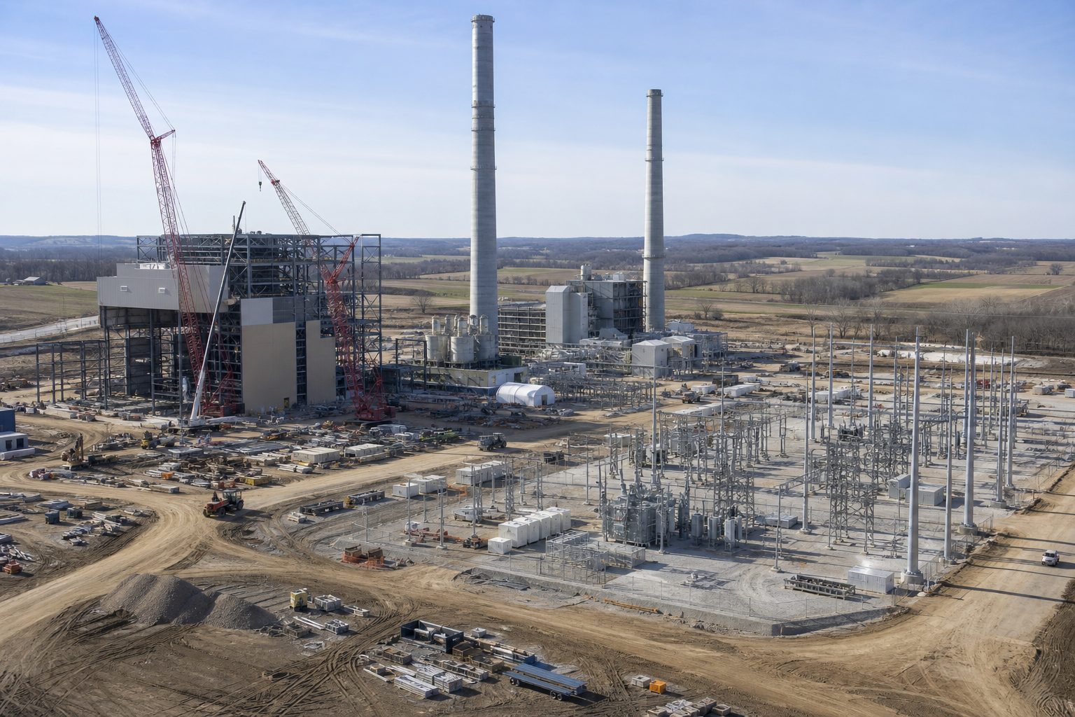 A natural gas power plant and electrical substation under construction in rural Ohio.