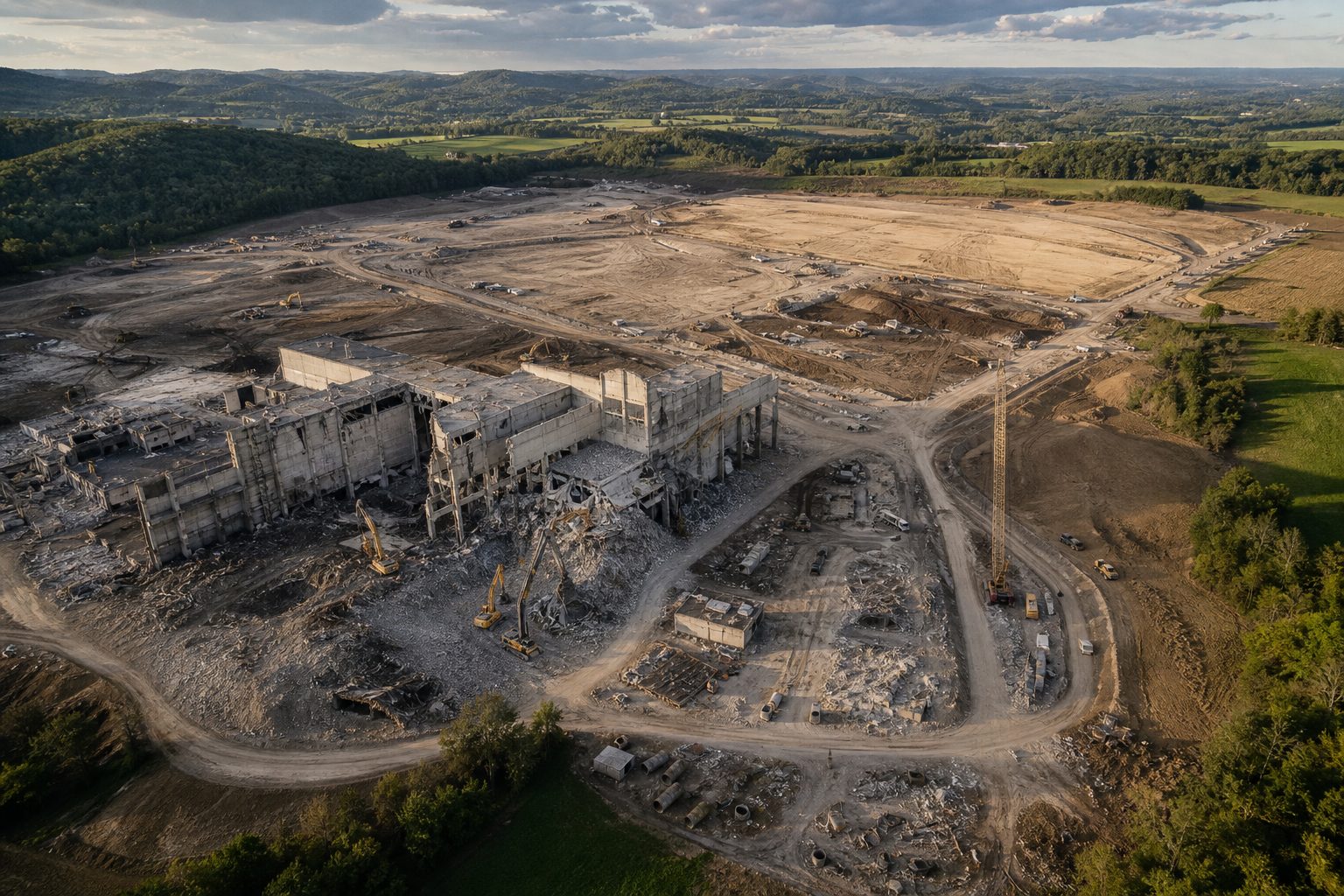 Aerial view of a large Ohio industrial site cleared for data center construction amid farmland and hills.