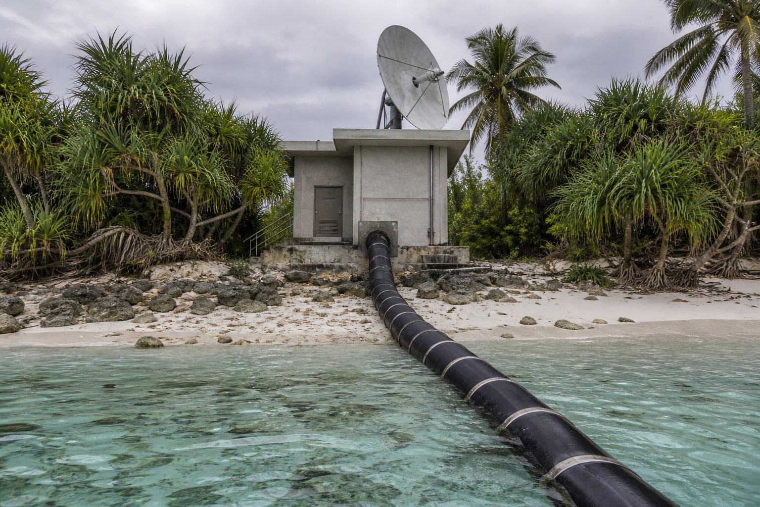 Concrete cable station on a coral atoll shoreline with thick submarine cable running from the sea into the building.