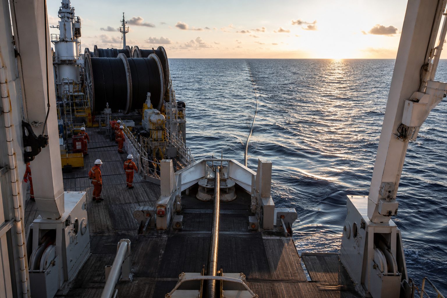 Cable-laying ship trailing submarine cable off its stern into deep blue ocean under low sun.