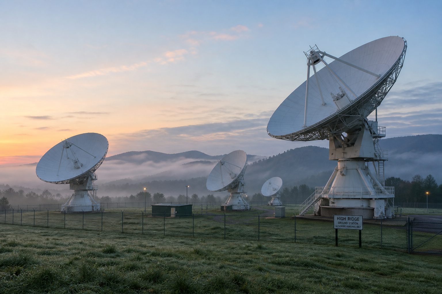 White parabolic satellite dish antennas at a remote ground tracking station at dawn.