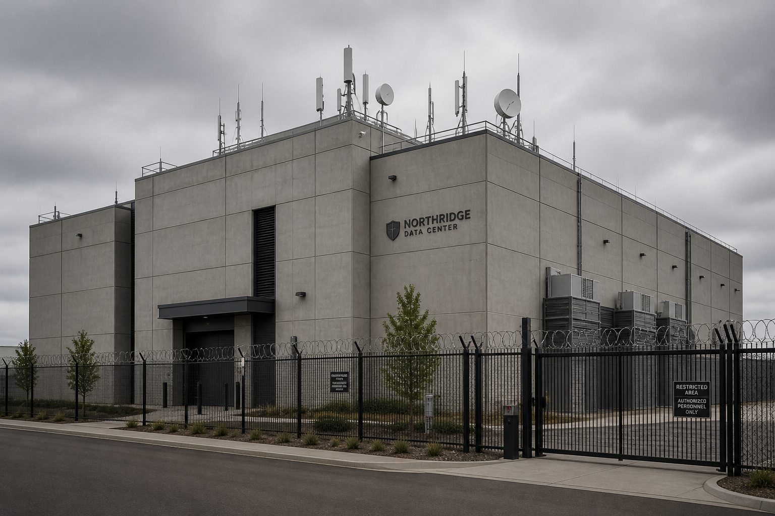 A secure concrete data center with perimeter fencing and roof antennas under gray skies.