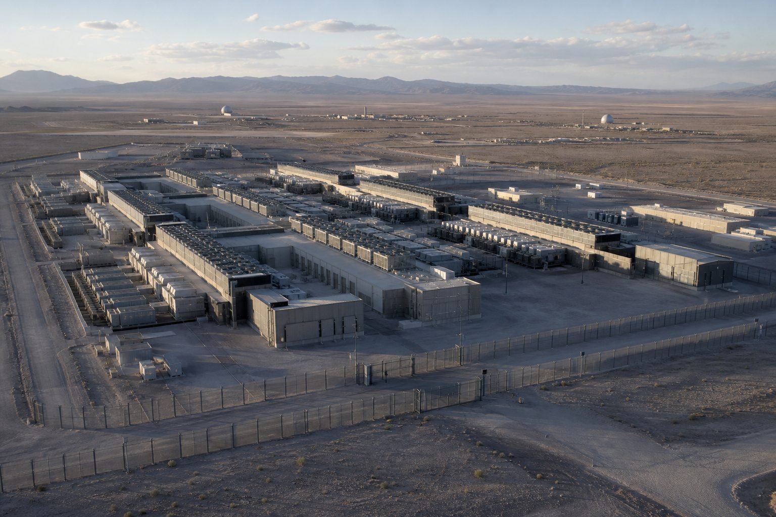 Rows of large data center buildings on flat desert military land with distant mountains and perimeter fencing.