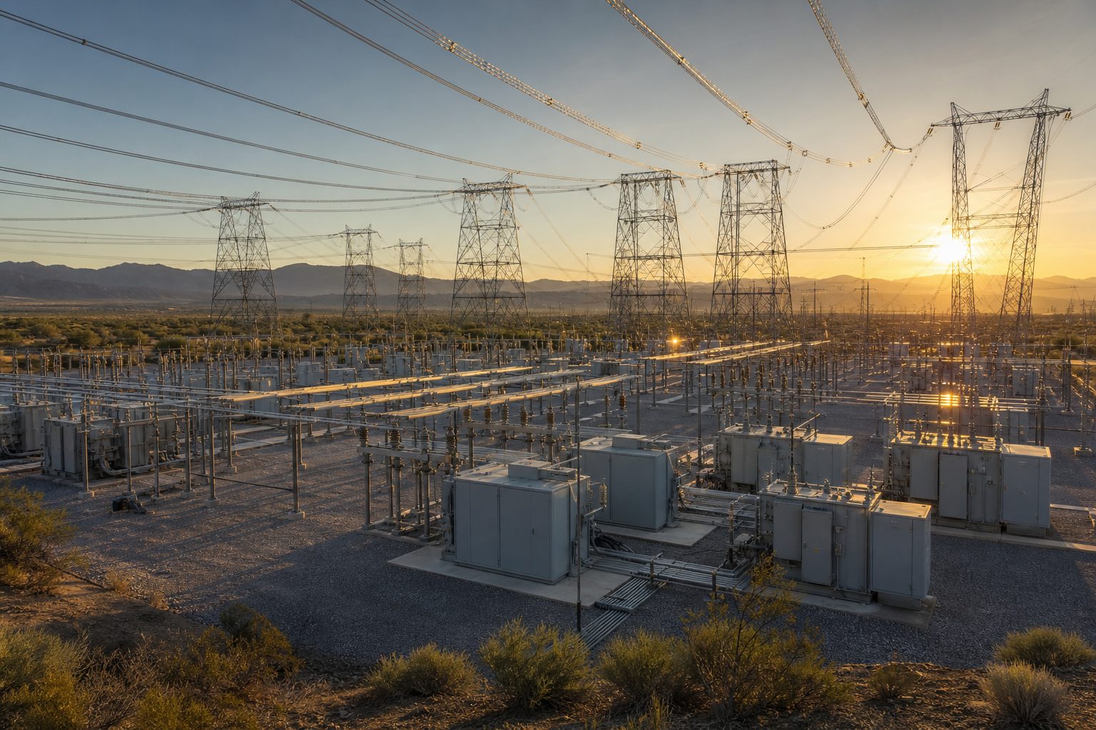 Large electrical substation with transformers and high-voltage transmission lines in a desert landscape.
