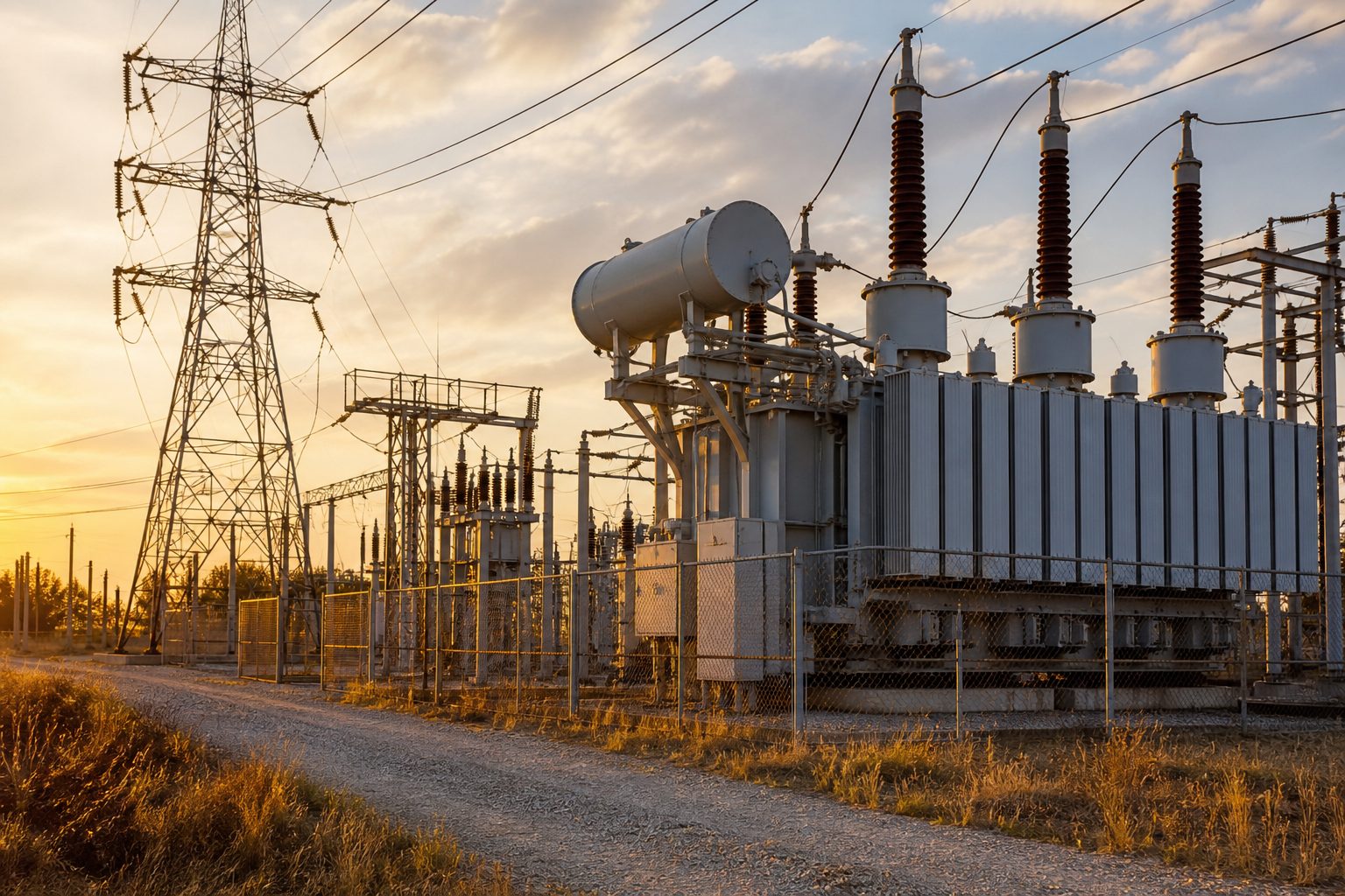 A high-voltage electrical substation at sunset with large transformers and steel transmission towers.