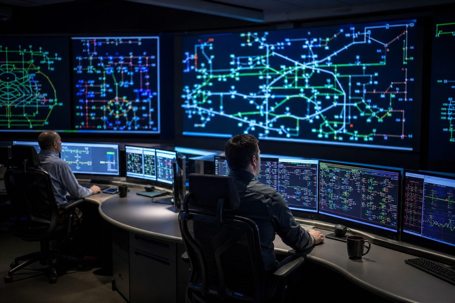 Two operators in a darkened grid control room monitoring wall-mounted display screens showing power network maps.