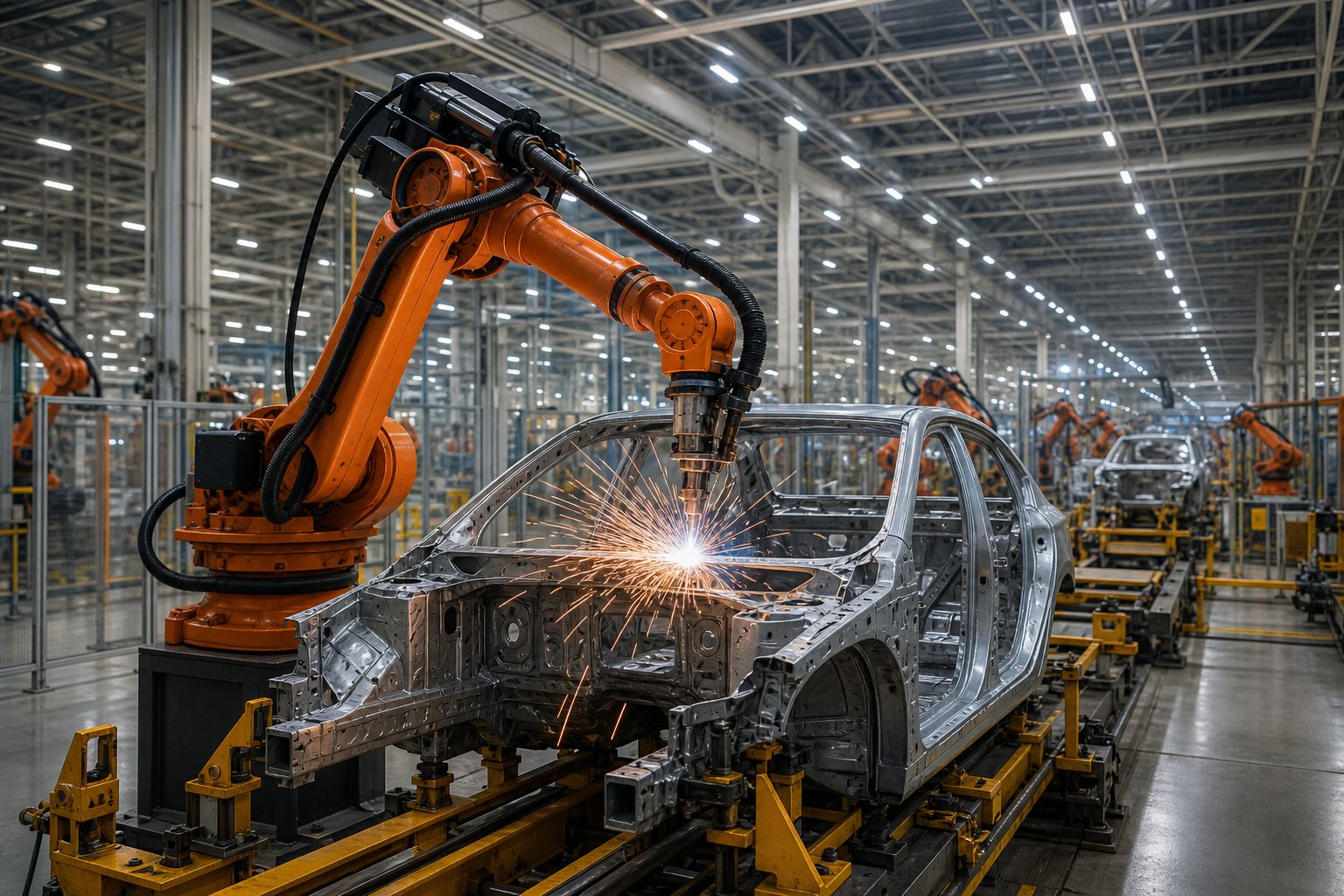 An orange robotic arm welding a steel chassis on a brightly lit modern American factory floor.
