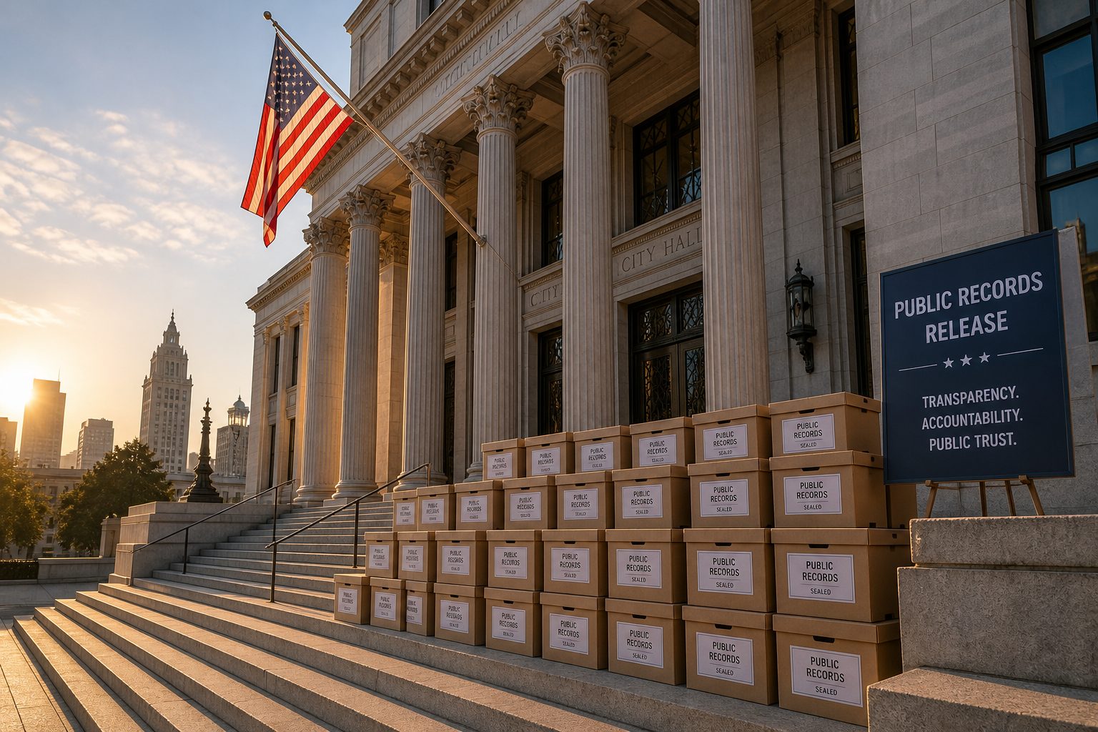 Neoclassical city hall steps with stacked archive boxes in early morning light.
