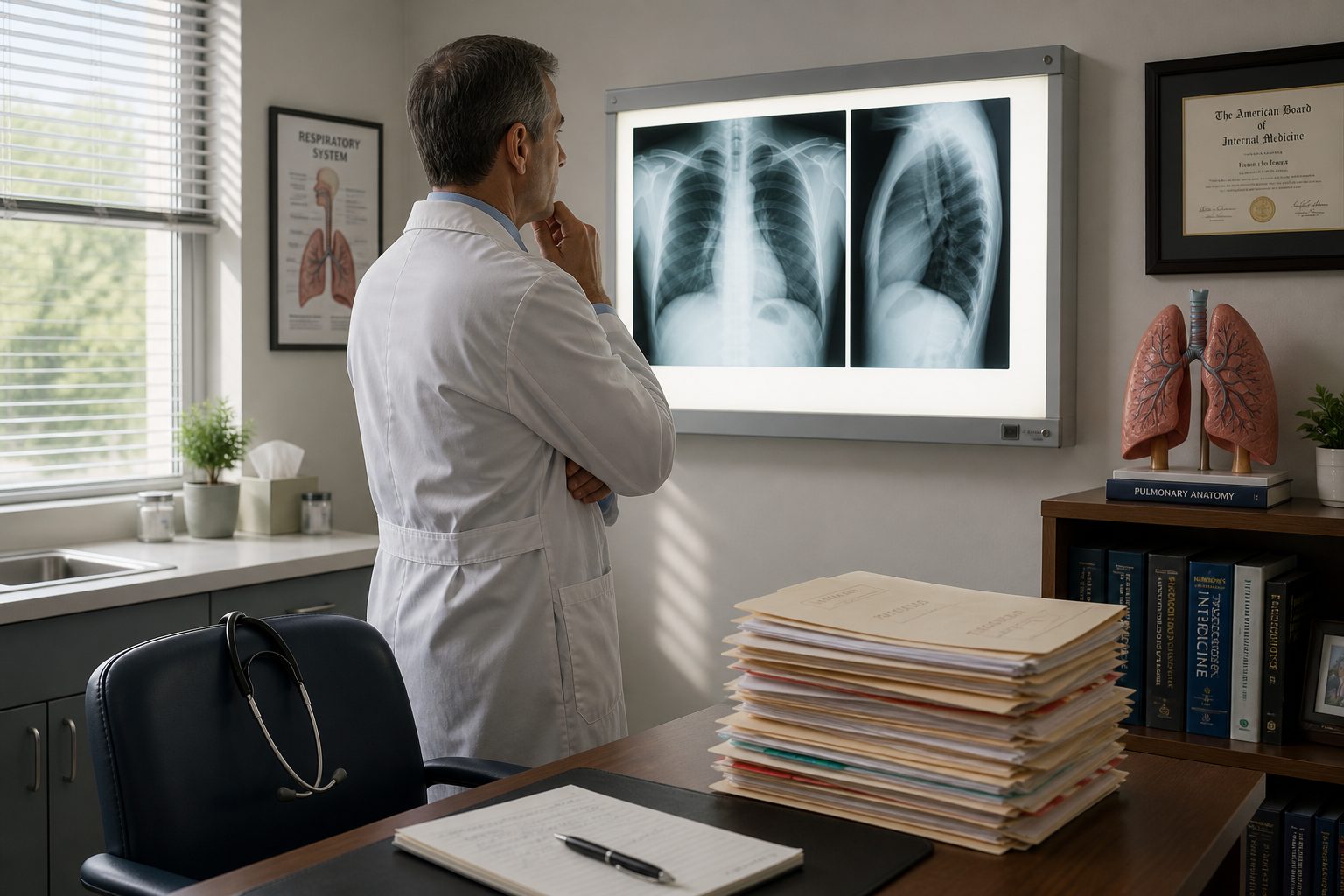 Doctor examining chest X-rays in a clinic examination room with medical files.